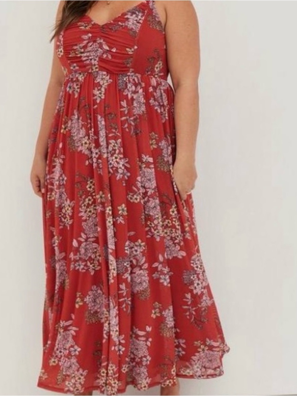 Torrid Salmon Coral Red Floral V-neck MaxiPlus Size 1x NWOT